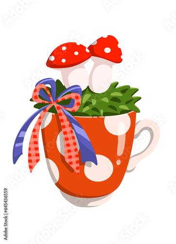 Decorative isolated element, mushrooms on grass inside a cup with dotted ornament. 