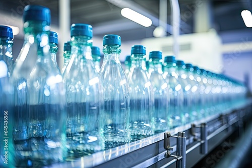 Water bottling conveyor line with plastic bottles on water factory production.