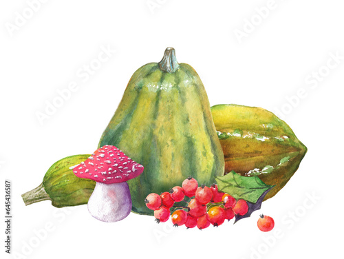 Watercolor painted elements arranged in autumn still life. The composition consists of pumpkins, mushroom and red berries
