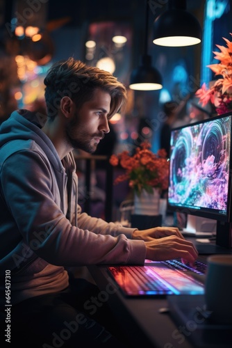 man designer working on computer , night time, AI Generated © dark_blade
