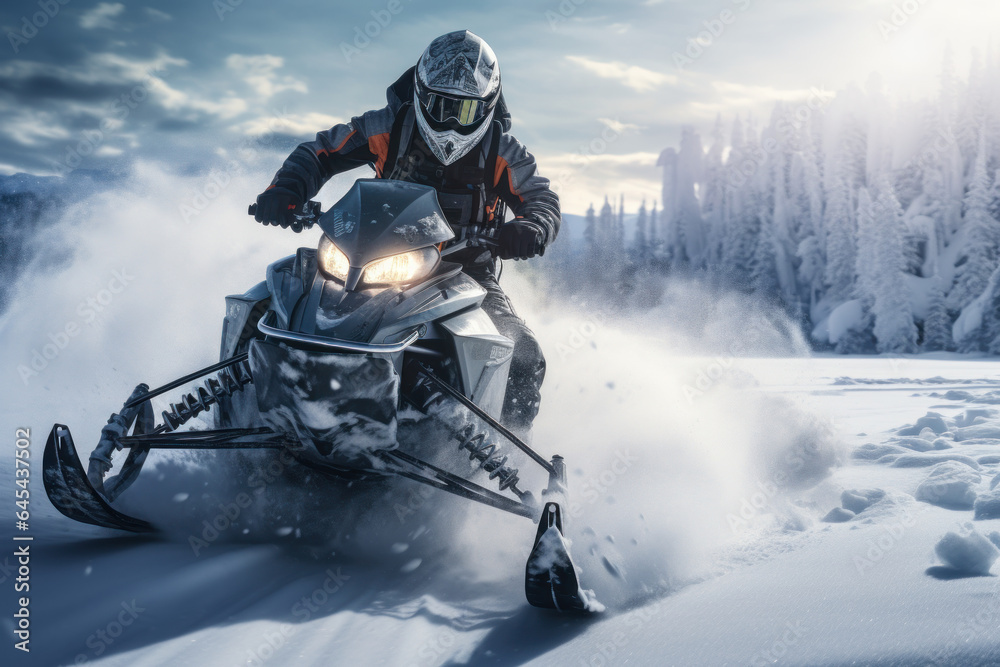 A snowmobiler races across a frozen lake, leaving a trail of excitement and adventure in their wake. Generative Ai. A snowmobiler races across a frozen lake, leaving a trail of excitement and adventure in their wake. Generative Ai.