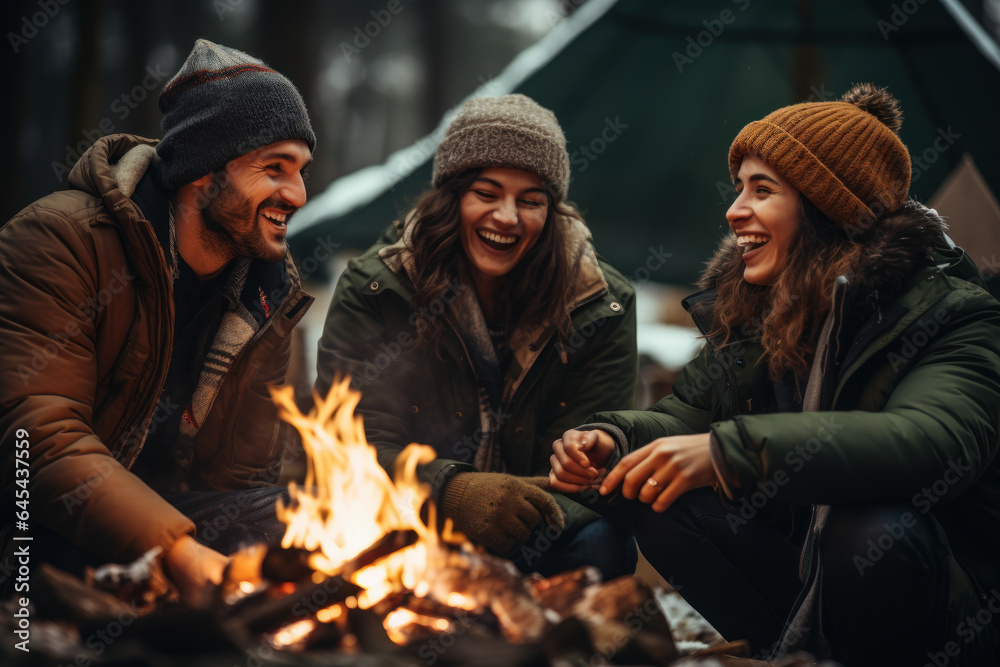 A group of friends sets up a cozy campfire in the woods, sharing stories and roasting marshmallows during a winter camping trip. Generative Ai.