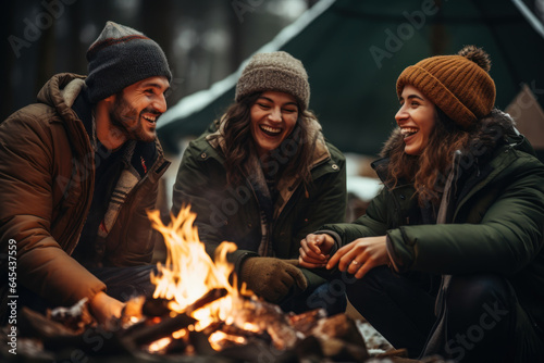 A group of friends sets up a cozy campfire in the woods, sharing stories and roasting marshmallows during a winter camping trip. Generative Ai.