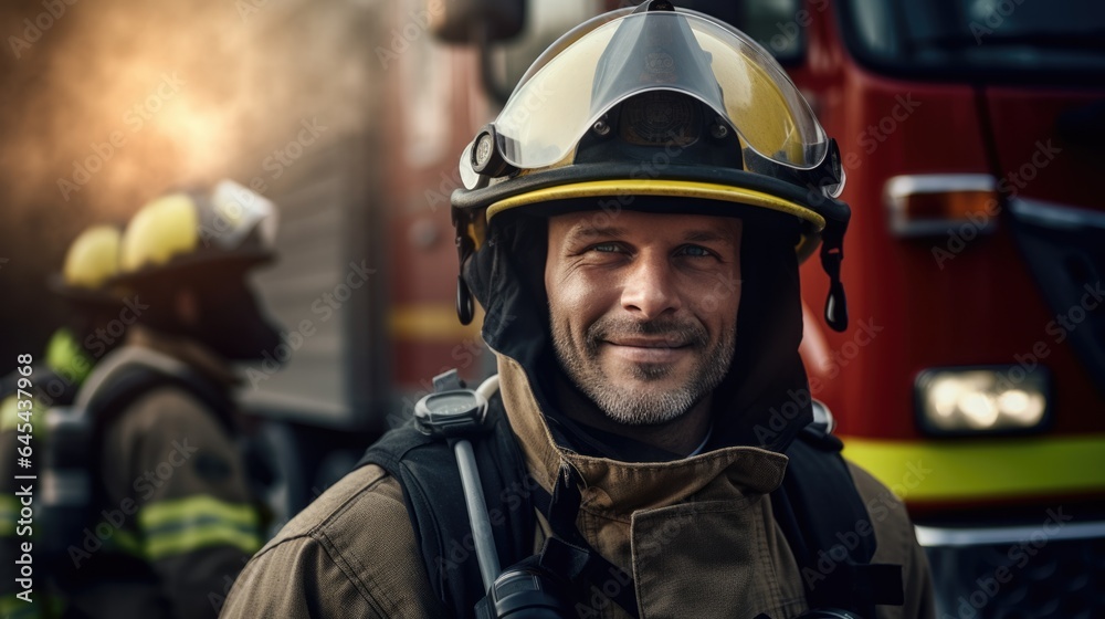 Portrait of fireman wearing firefighter turnouts and helmet for working.