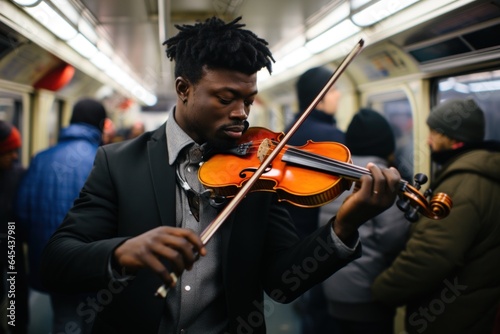 A street musician playing violin at a subway station