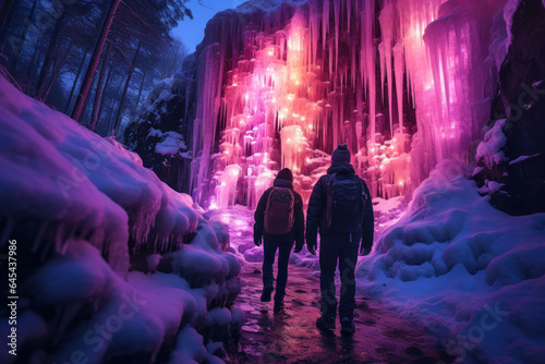 A person captures the captivating sight of a frozen waterfall illuminated by colorful lights, adding magic to a winter hike. Generative Ai. © Sebastian