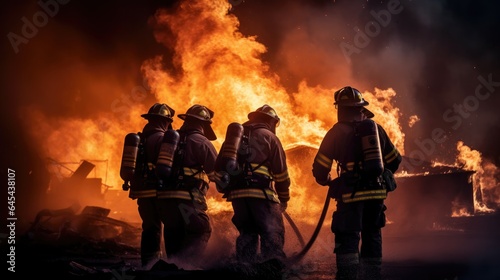 Group of firefighters fighting a fire in the midst of fire and smoke.