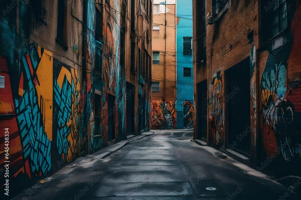 an urban alleyway bursting with vibrant and evocative street art - AI Generative