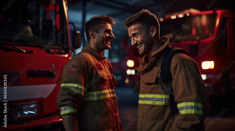 Happy firefighters talking with team at fire station Happy firefighters talking with team at fire station