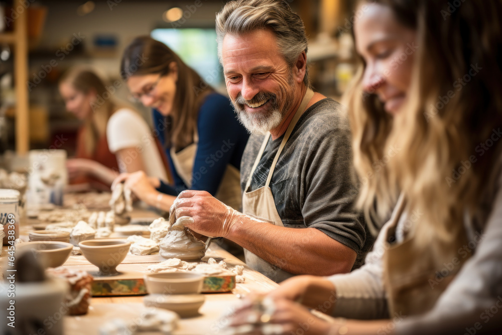 A community center hosts a pottery class, fostering creativity and camaraderie among participants in a versatile third space. Generative Ai.