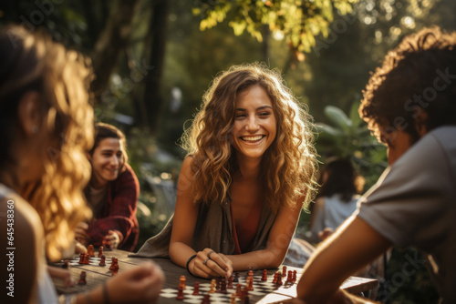 A group of friends gathers at a local park to play board games, turning the outdoors into a dynamic and inclusive third space. Generative Ai.
