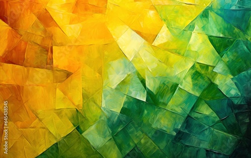 An abstract oil painting showcasing canvas texture and angular brushstrokes in varying shades of yellow, green, and orange, capturing the essence of artistic expression.