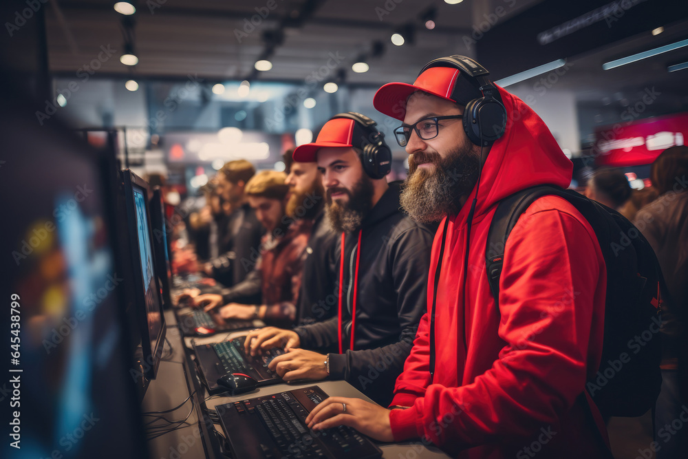 Esports fans purchasing team merchandise at a gaming convention or event. Generative Ai.