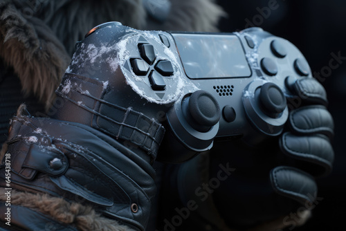 A close-up of a person's hand wearing gaming gloves with built-in cooling technology. Generative Ai.
