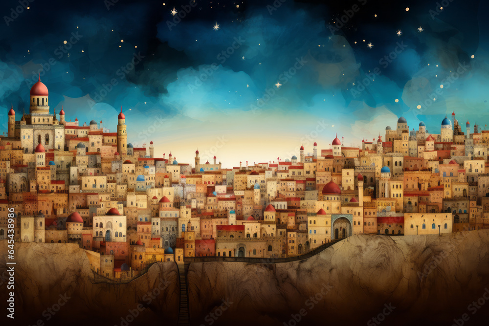 Yom Kippur, Night view of the Middle Eastern old Jewish town city with a temple, background. - obrazy, fototapety, plakaty 