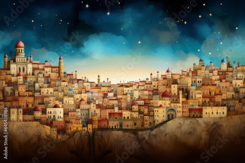 Yom Kippur, Night view of the Middle Eastern old Jewish town city with a temple, background.