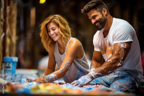 Happy couple having fun painting their house