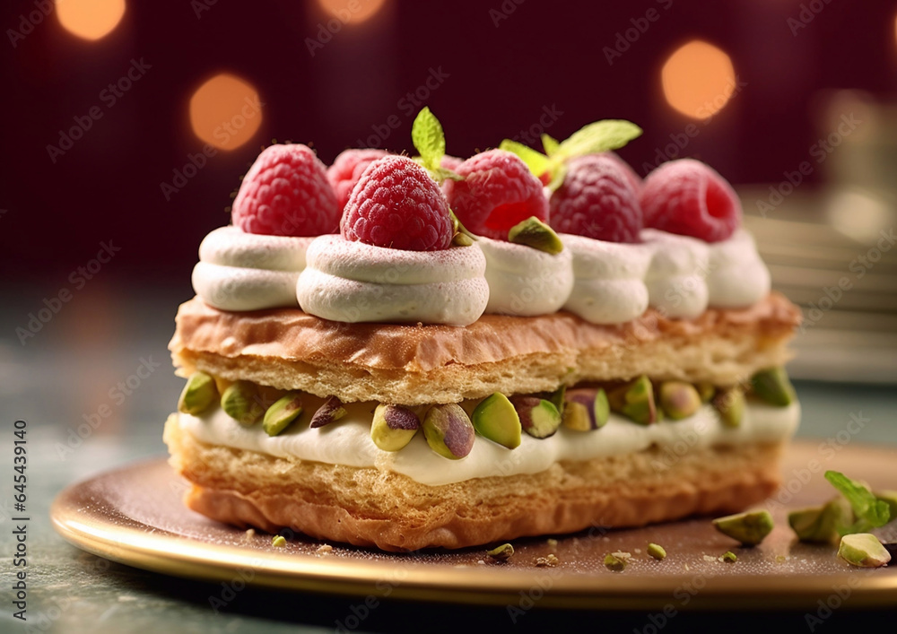 Slice of pistachio cream and raspberry topping cake.Macro.AI Generative