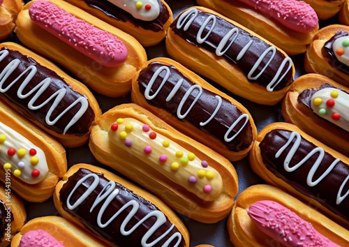 Selection of eclairs with cream and various candy toppings.Macro.AI Generative