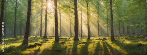 Silent Forest in spring with beautiful bright sun rays © @uniturehd