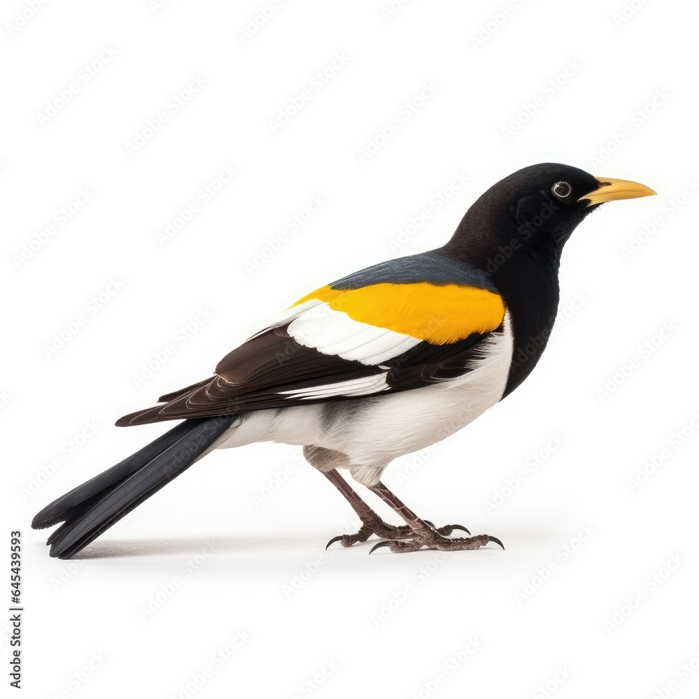 Yellow-billed magpie bird isolated on white background. Yellow-billed magpie bird isolated on white background.