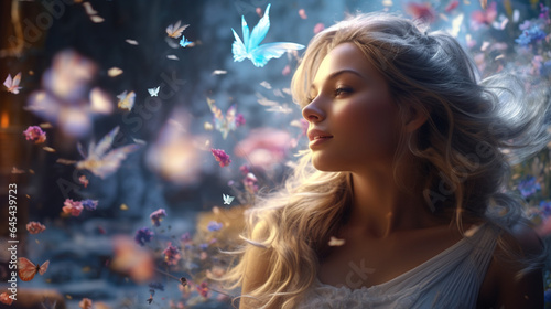 portrait of a girl with a magical atmosphere and flying butterflies