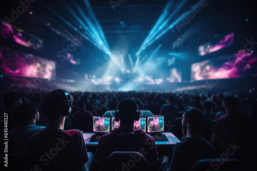 An esports arena packed with spectators watching the grand finals of a major tournament. Generative Ai.