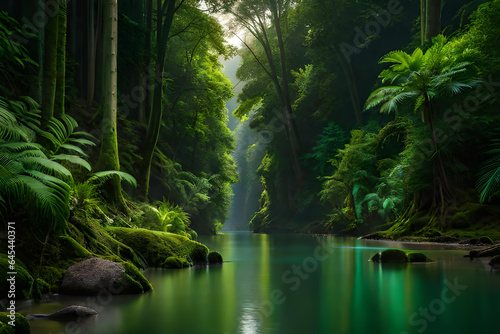 Tranquil waterway in dense forest 