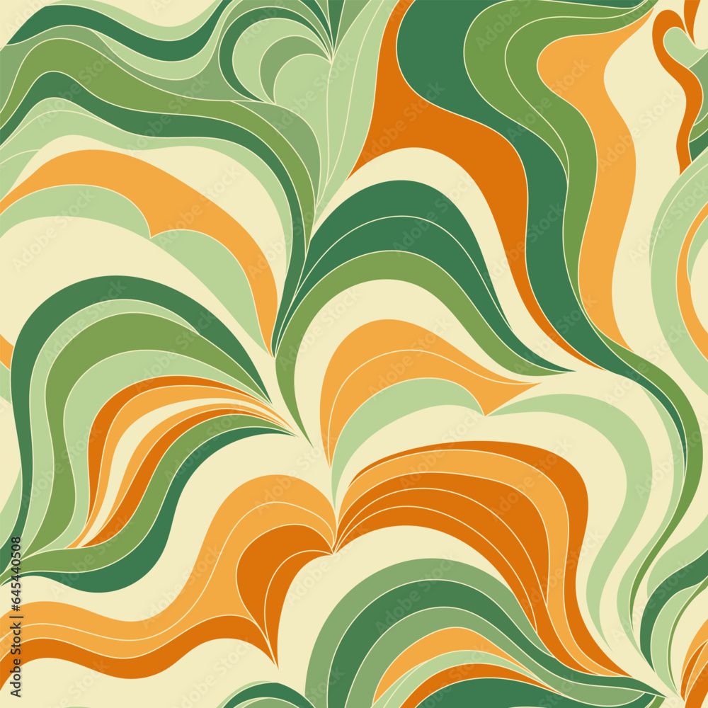 Seamless vestor pattern. Retro style, 70s, geometric pattern with waves and circle. Pastel colors - green, orange, white, ivory. Great for sport wear, home decor and summer dress