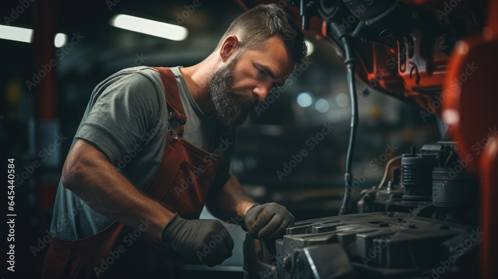 professional mechanic, worker working repair leaning under a vehicle in a garage, Auto car repair service center. Mechanic examining car suspension, Generative AI