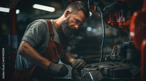 professional mechanic, worker working repair leaning under a vehicle in a garage, Auto car repair service center. Mechanic examining car suspension, Generative AI