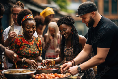 People of different cultures sharing a meal at a multicultural urban food festival. Generative Ai.