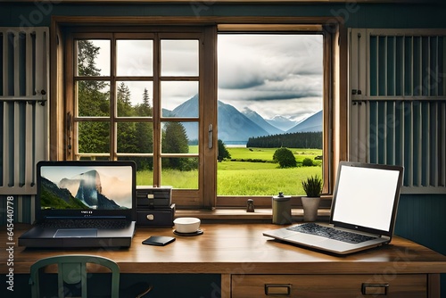 Scandinavian vintage country farmhouse style wood home working room with laptop computer and accessories wooden desk against the glass window with green meadow view  © javeria