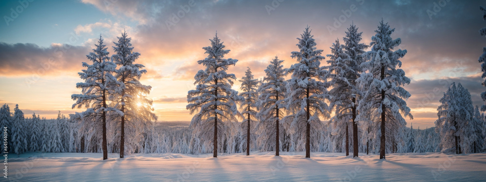 Pine trees covered with snow on frosty evening. Beautiful winter panorama - obrazy, fototapety, plakaty 