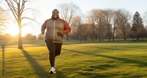 A larger Black man runs on grass, exuding confidence and determination as he pursues his fitness goals while embracing his weight. Ideal for themes of body positivity, fitness, and self-empowerment. photo