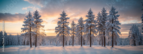 Pine trees covered with snow on frosty evening. Beautiful winter panorama © @uniturehd
