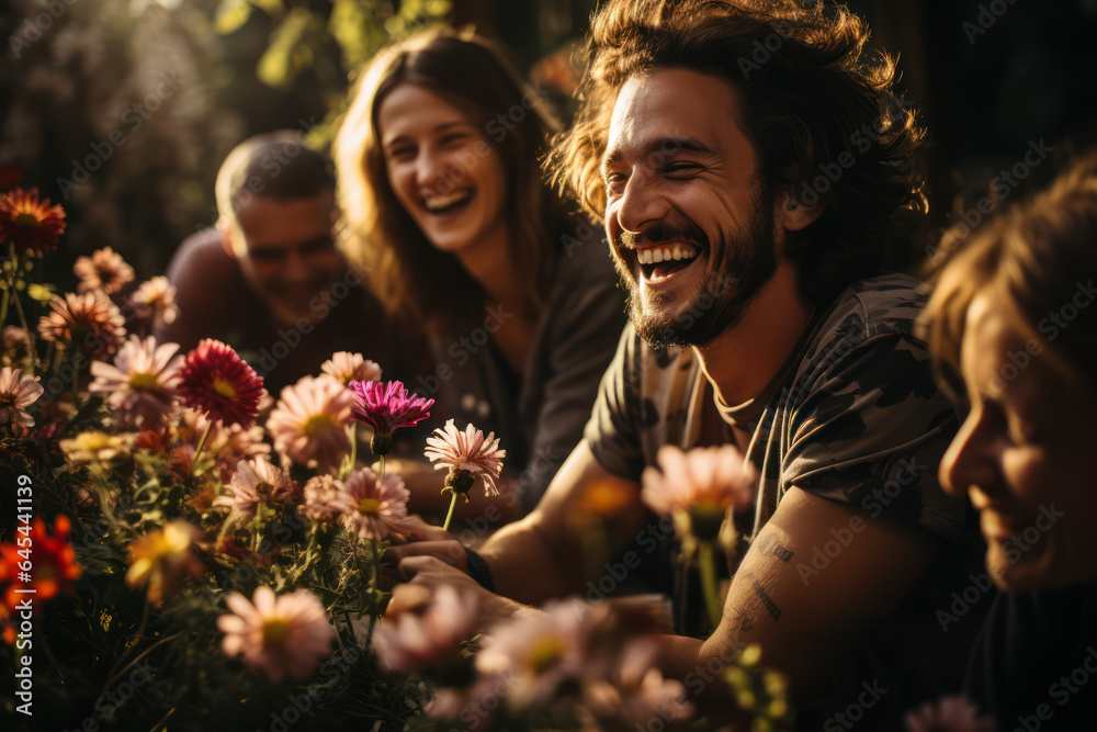 A group of friends laughing and enjoying a picnic in a blooming meadow. Generative AI.