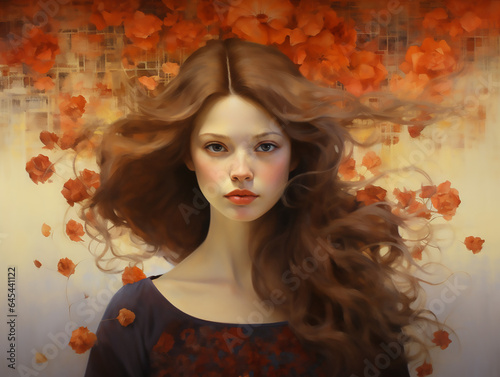 young beautiful woman with long hair against the background of an autumn landscape