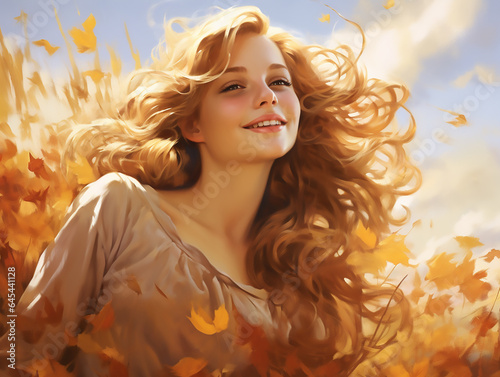 young beautiful woman with long hair against the background of an autumn landscape