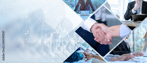 Fototapeta Naklejka Na Ścianę i Meble -  Financial background of businessman handshake in teamwork concept, HR recruitment and outsourcing technology.
