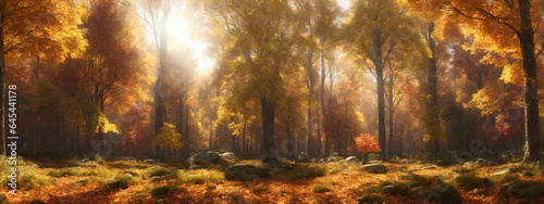 Panoramiczny słoneczny las jesienią