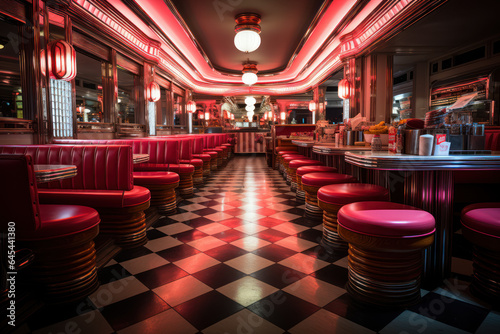 A retro-style diner with checkered floors, vinyl booths, and a neon sign outside. Generative AI.