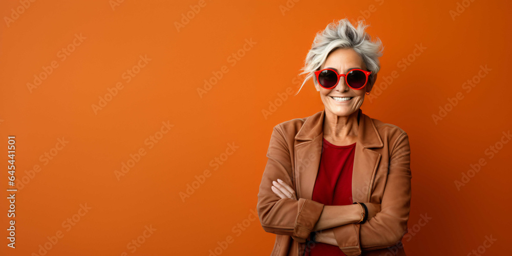 a beautiful old woman laughing on a plain red background, fashion - obrazy, fototapety, plakaty 