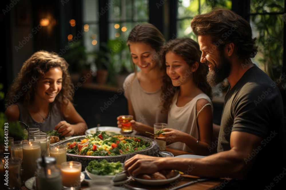 Family Mealtime. Multigenerational family members gathered around a table enjoying a hearty home-cooked meal, symbolizing togetherness. Generative Ai. Family Mealtime. Multigenerational family members gathered around a table enjoying a hearty home-cooked meal, symbolizing togetherness. Generative Ai.
