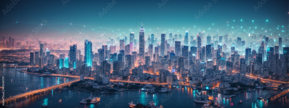 Cityscape with graphic of network concept Cityscape with graphic of network concept
