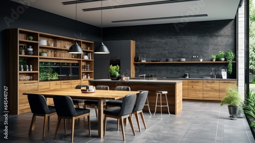 large kitchen room with modern interior design with wooden table and chairs for home against the background a dark classic wall, 16:9, concept for product presentation