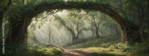 Natural archway shaped by branches in the forest