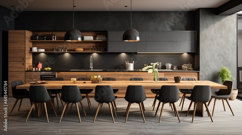 large kitchen room with modern interior design with wooden table and chairs for home against the background a dark classic wall, 16:9, concept for product presentation