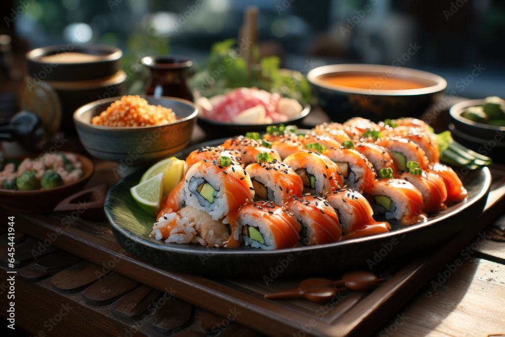 Asian Cuisine. Display of sushi rolls, noodles, and dumplings, reflecting the rich flavors of Asian culinary traditions. Generative Ai. Asian Cuisine. Display of sushi rolls, noodles, and dumplings, reflecting the rich flavors of Asian culinary traditions. Generative Ai.