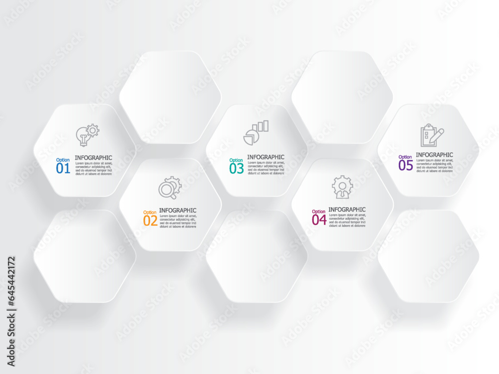 horizontal hexagon steps timeline infographic element report background with business line icon 5 steps horizontal hexagon steps timeline infographic element report background with business line icon 5 steps